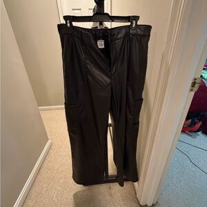 Black Faux Leather Cargo Pants